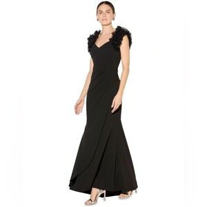 AQUA Elegant Black Long Ruffle Sleeve Gown
